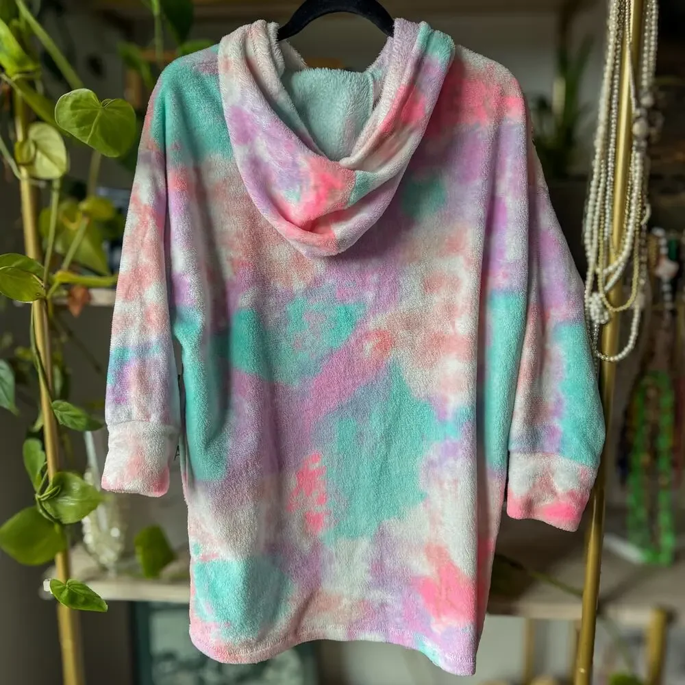 Justice Girls Plush Oversized Hoodie Sleep Shirt Tie Dye Lounge Wear Size S/M